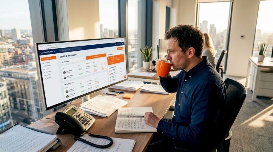 Manager analyzing live booking dashboard in office