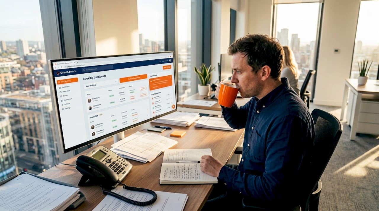 Manager analyzing live booking dashboard in office