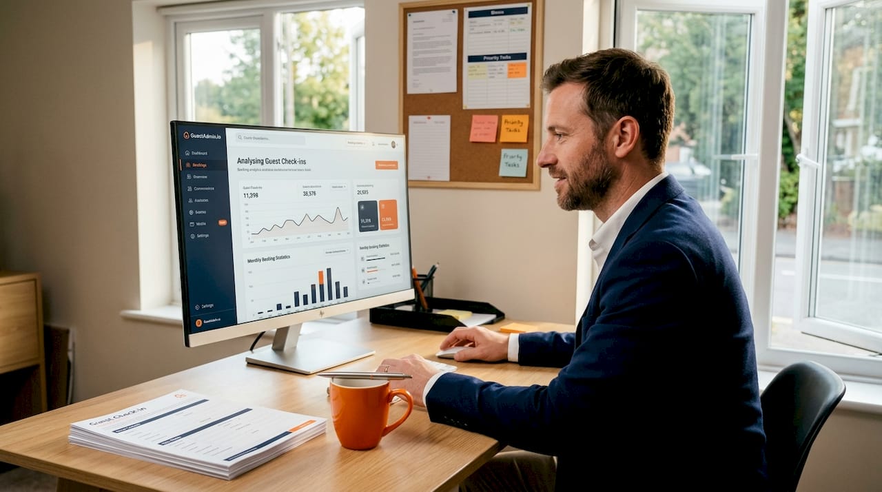 Manager checks booking analytics dashboard at hotel desk