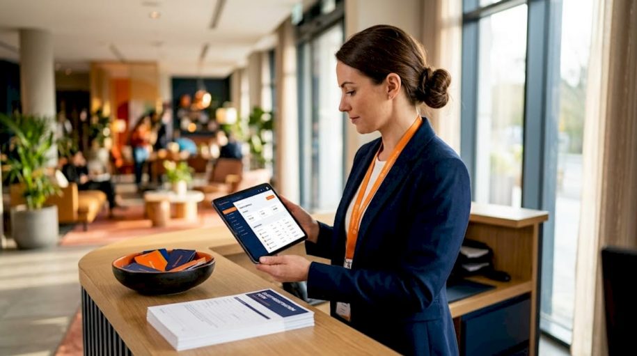 Hotel manager checks booking system at front desk