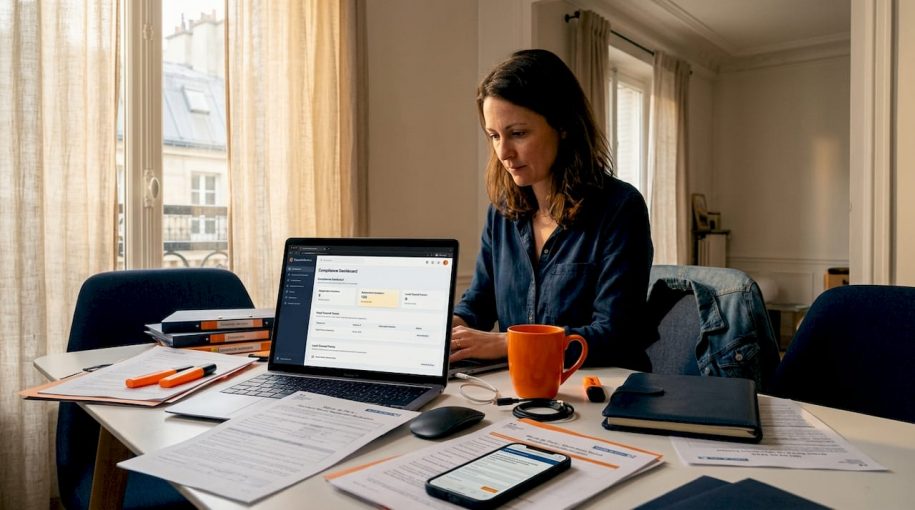 Property manager updating compliance paperwork
