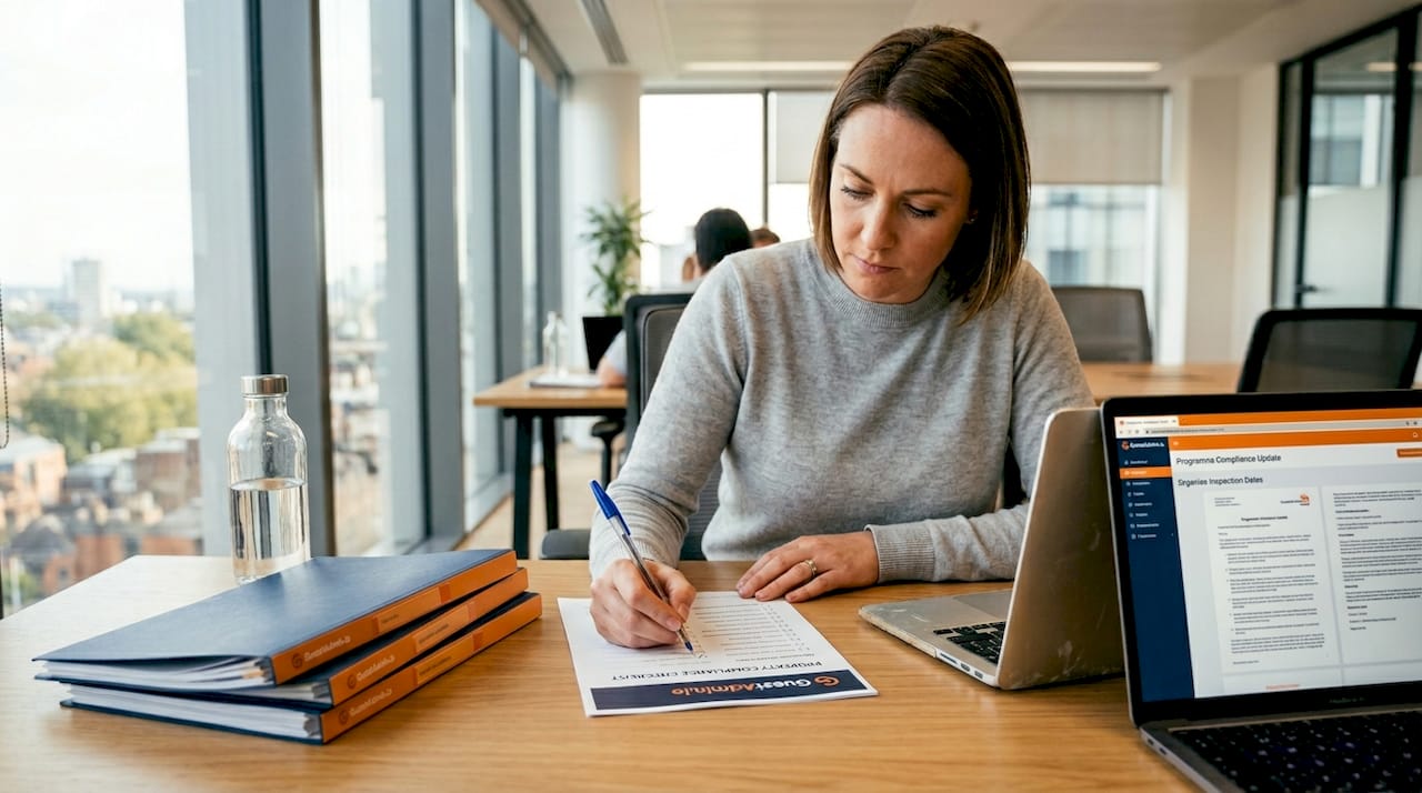 Property manager reviewing regulatory compliance documents