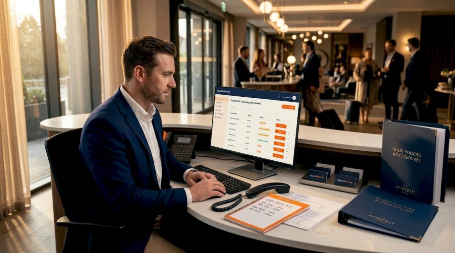 Hotel manager reviewing digital guest log at lobby desk