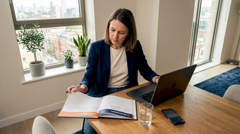 Property owner checking guest data at kitchen table