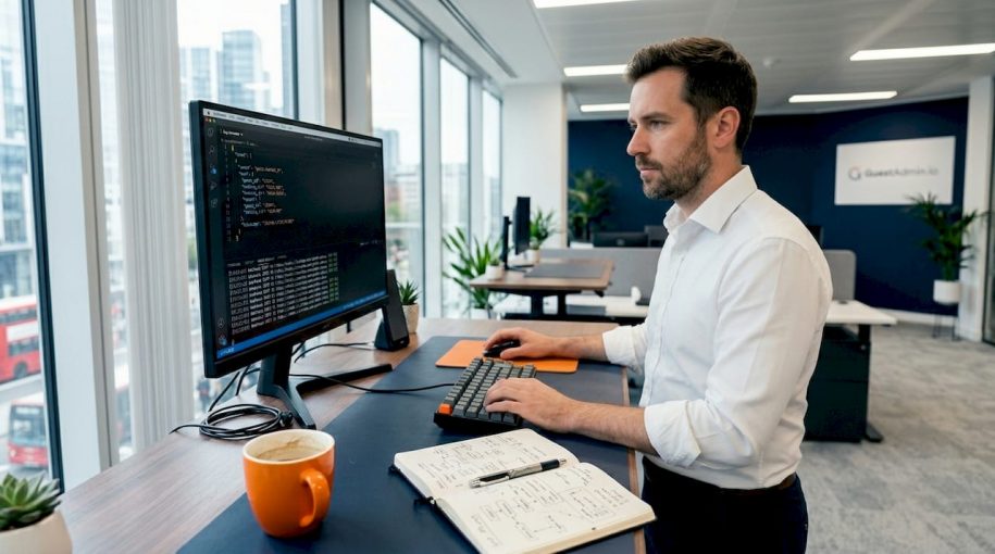Developer at home office coding webhook integration