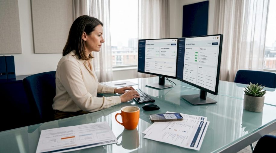 Hotel manager reviewing API dashboards