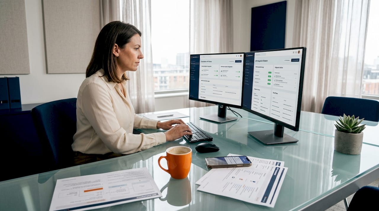 Hotel manager reviewing API dashboards