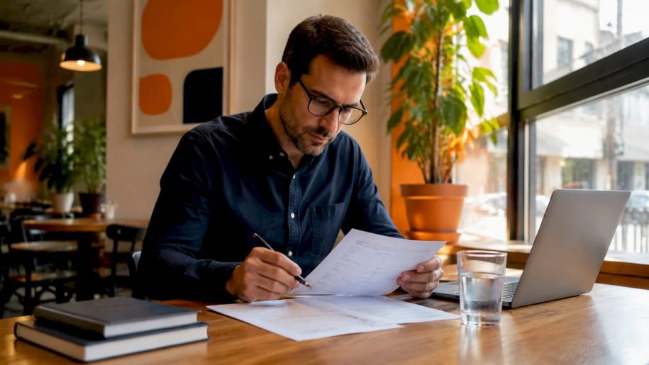 Rental manager reviewing guest forms at desk