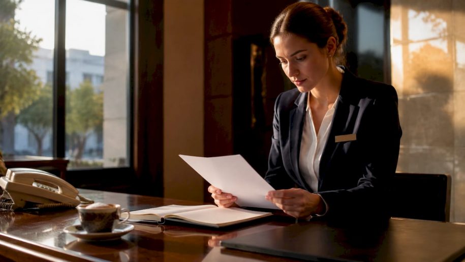 Hospitality manager reviewing guest data access logs