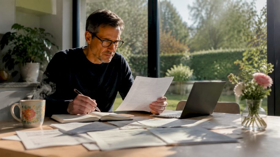 Compliance manager reviewing EU documents at desk