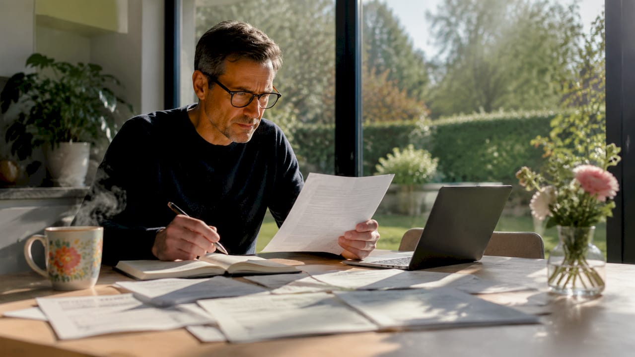 Compliance manager reviewing EU documents at desk