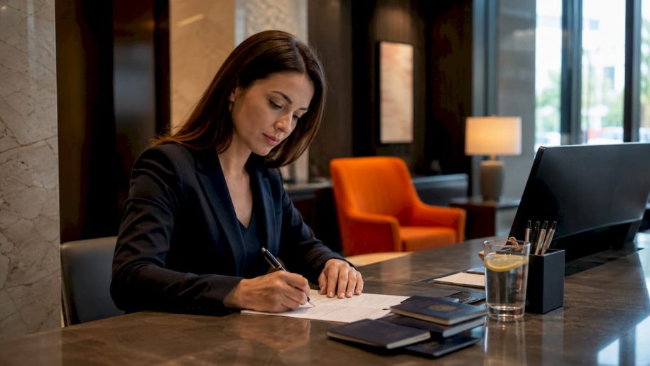 Hotel manager completing guest data forms