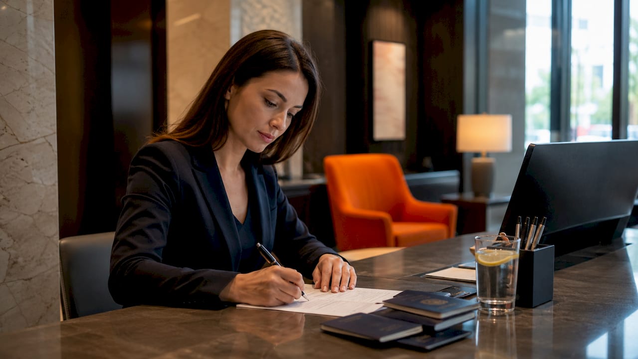 Hotel manager completing guest data forms