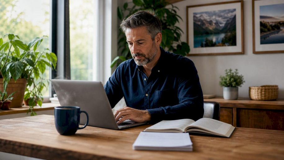 Rental manager entering guest data at desk