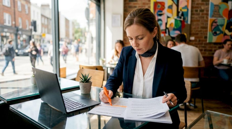 Compliance officer reviewing GDPR documents in office