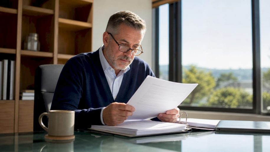 Property manager reviewing hospitality compliance documents