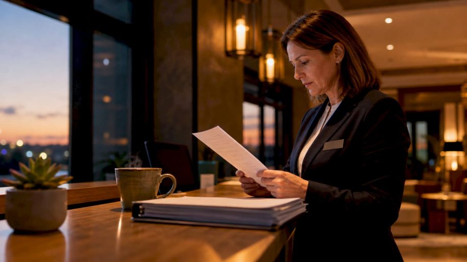 Hotel manager reviewing GDPR checklist at reception desk