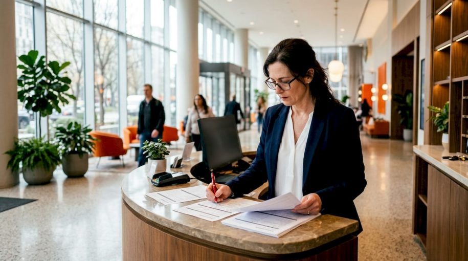 Property manager reviewing guest registration paperwork