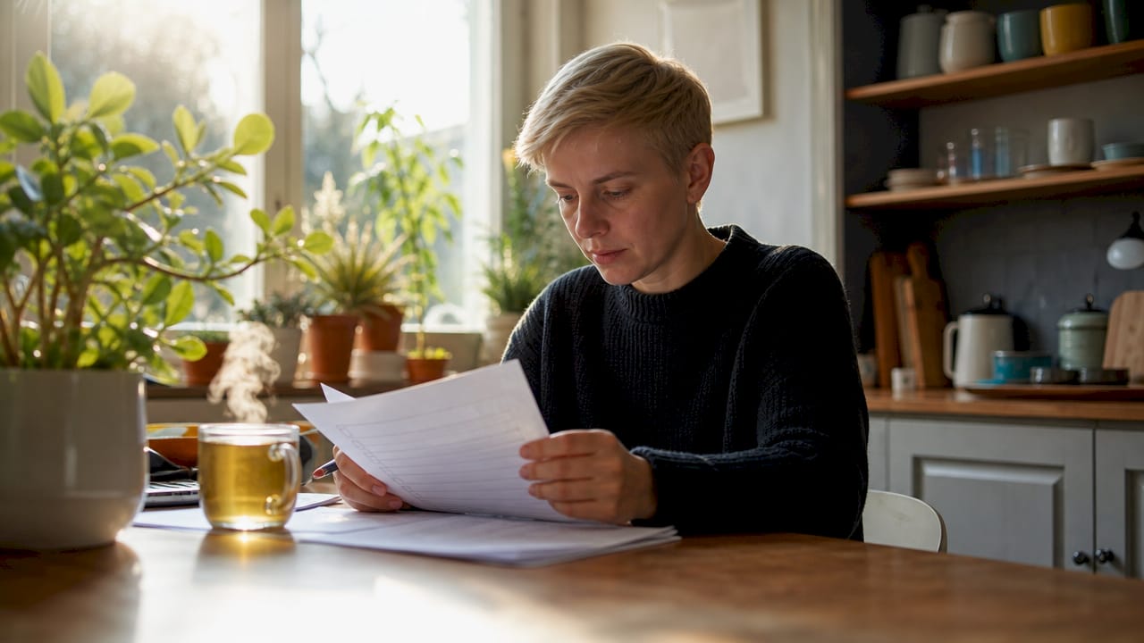 Rental manager reviewing compliance documents at desk