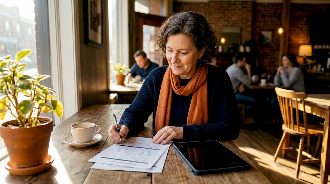 Property manager reviewing guest data paperwork