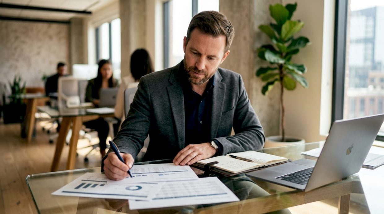 Hotel manager reviewing guest data and digital tools