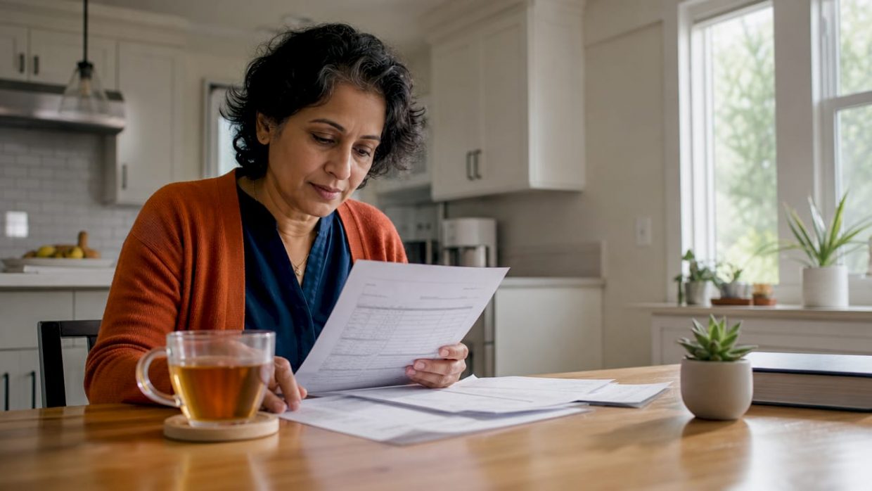 Woman reviewing automated data reports at office desk