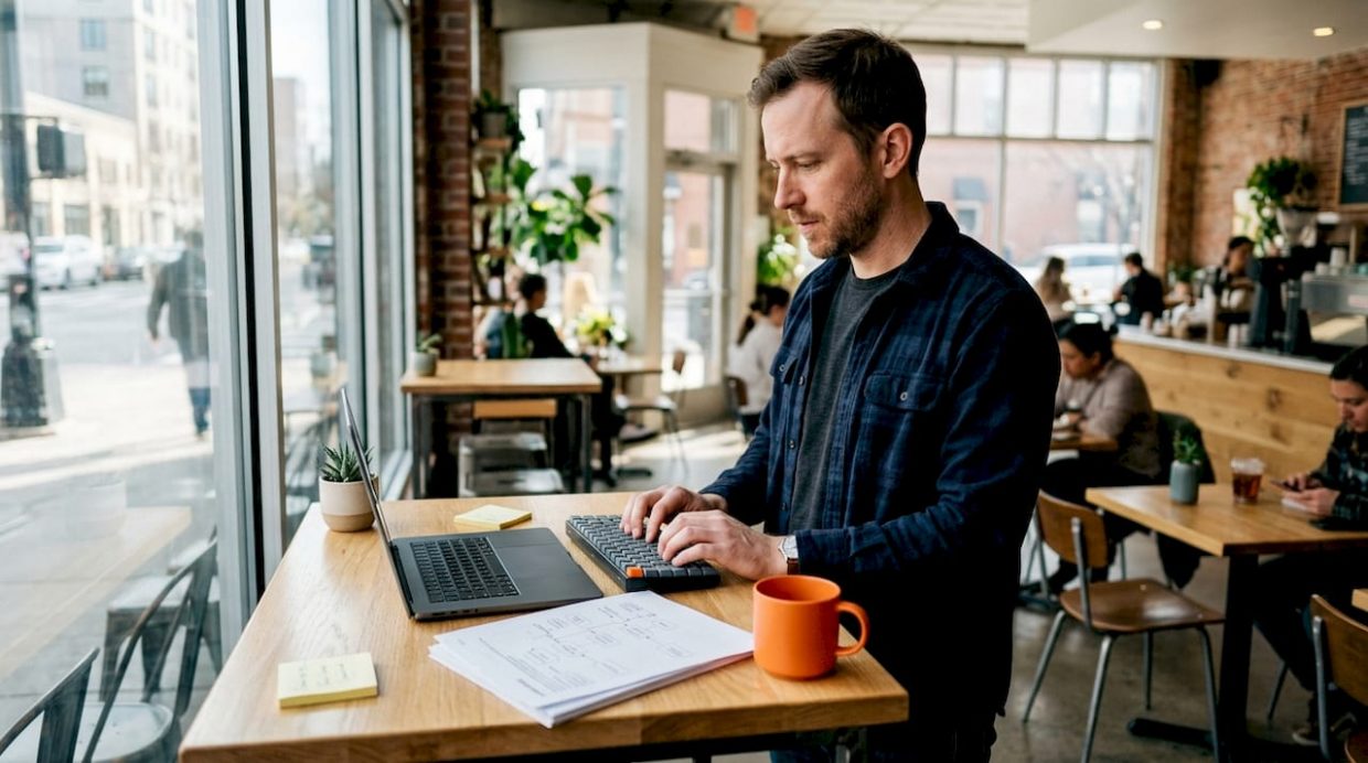 IT specialist typing at workspace with diagrams