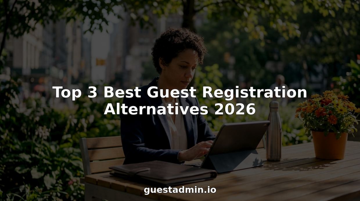 Woman working on guest registration software in office