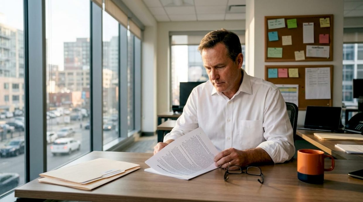 Rental manager reviewing compliance software